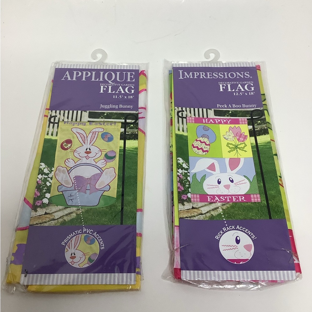 New Easter Juggling Bunny Retro Eggs Impressions Garden Flag Set Of 2 New NWT